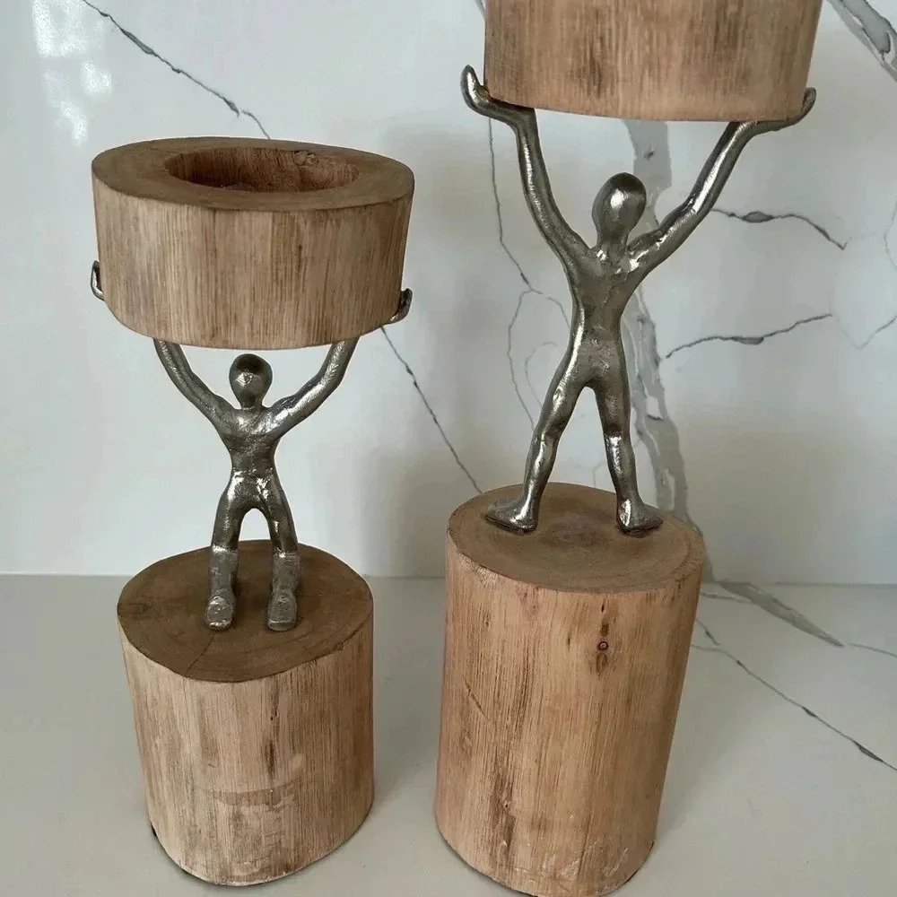 Set Of 2 PIER 1 WOODEN MAN CANDLE HOLDER Made In India - Picture 7 of 10